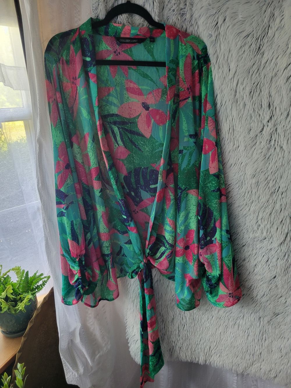 Colleen Lopez Tropical Floral Tie-Front Sheer Kimono - Green & Pink